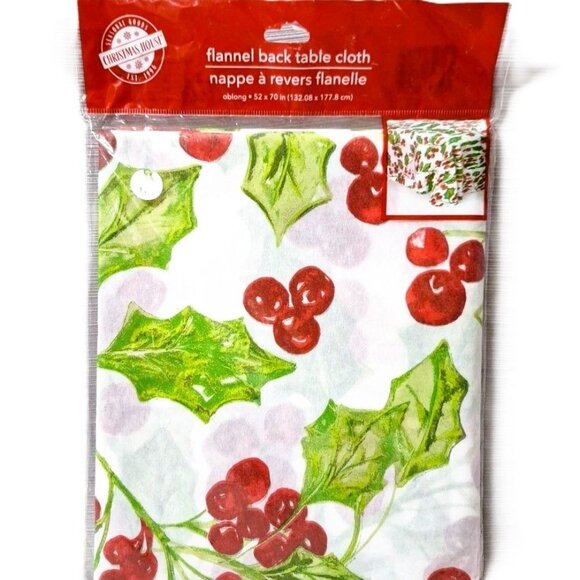 Christmas House Flannel Back Tablecloth Oblong 52" X 70" Red & Green Holly Berry - Picture 1 of 6